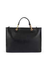 Borsa tote in pelle nera con hardware in tonalità oro, due manici superiori e una superficie liscia. Presenta una forma rettangolare spaziosa.