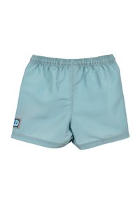 Pantaloni da bagno azzurri con cintura elastica, cuciture piatte e una piccola patch con logo. Tessuto liscio e leggero con un design semplice.