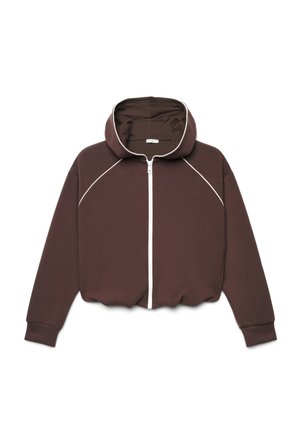 Sweat à capuche marron zippé avec des détails en passepoil blanc le long de la fermeture éclair, de la capuche et des manches, présenté à plat sur fond blanc.