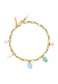 Guld-link armbånd med tre forskellige sten vedhæng: pink, blå og grøn. Har lås med beslagslås og lille branding tag.