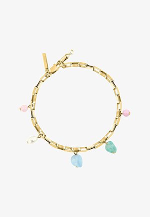 Gouden schakelarmband met drie verschillende stenen bedels: roze, blauw en groen. Voorzien van een karabijnsluitingen en een klein merklabel.