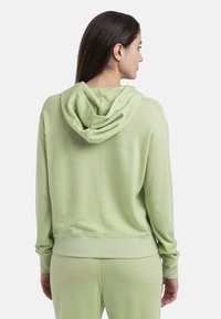 Sudadera verde clara de corte relajado, con puños acanalados y capucha, hecha de tela suave. Parece ir combinada con pantalones de chándal a juego.