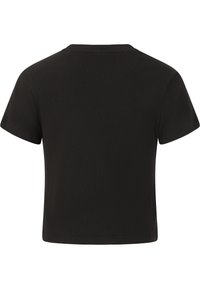 Schwarzes, geripptes Kurzarmtop mit Rundhalsausschnitt und körperbetontem Design, mit glatter Textur und cropped Länge.
