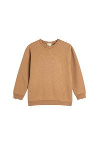 Brązowy sweter z miękkiego materiału, z okrągłym dekoltem, długimi rękawami oraz ściągaczami przy mankietach i u dołu. Prosty, nieozdobiony design.