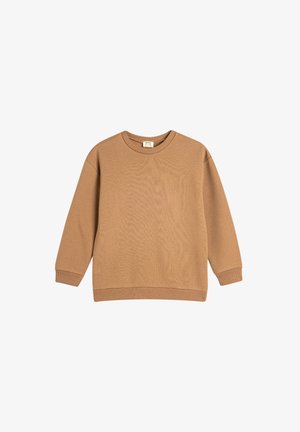 Brązowy sweter z miękkiego materiału, z okrągłym dekoltem, długimi rękawami oraz ściągaczami przy mankietach i u dołu. Prosty, nieozdobiony design.