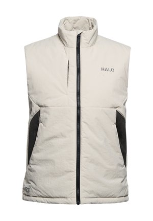 Beige ærmeløs polstret vest med høj krave, lynlås foran, sorte sidepaneler, brystlomme og "HALO" logo på brystet.