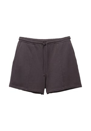 Shorts gris courts en tissu doux, avec un waistband élastique et un cordon de serrage, dotés de deux poches latérales. Design simple et droit.