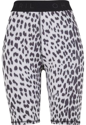 Shorts de vélo taille haute avec un imprimé léopard blanc et noir, fabriqués dans un matériau extensible avec une ceinture élastique noire solide.