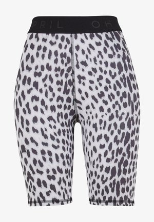 Shorts da bici a vita alta in stampa leopardata bianca e nera, realizzati in materiale elastico con una cintura elastica nera unita.