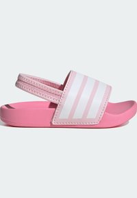 Rosa sandaler med en texturerad gummisula, med ett brett vitt rem med tre tunna rosa ränder och en justerbar hällrem i satin.