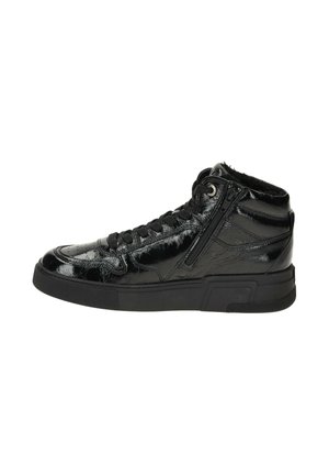 Black high-top sneaker with a shiny patent leather finish, lace-up front, side zipper, and textured detailing on the sides. Rubber sole.