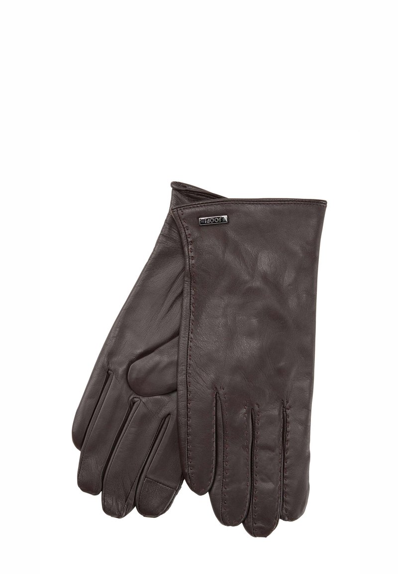 Braune Lederhandschuhe mit glatter Textur, Fünf-Finger-Design und kontrastierenden Nähten entlang der Nähte. Logo-Label am Handgelenkbereich.