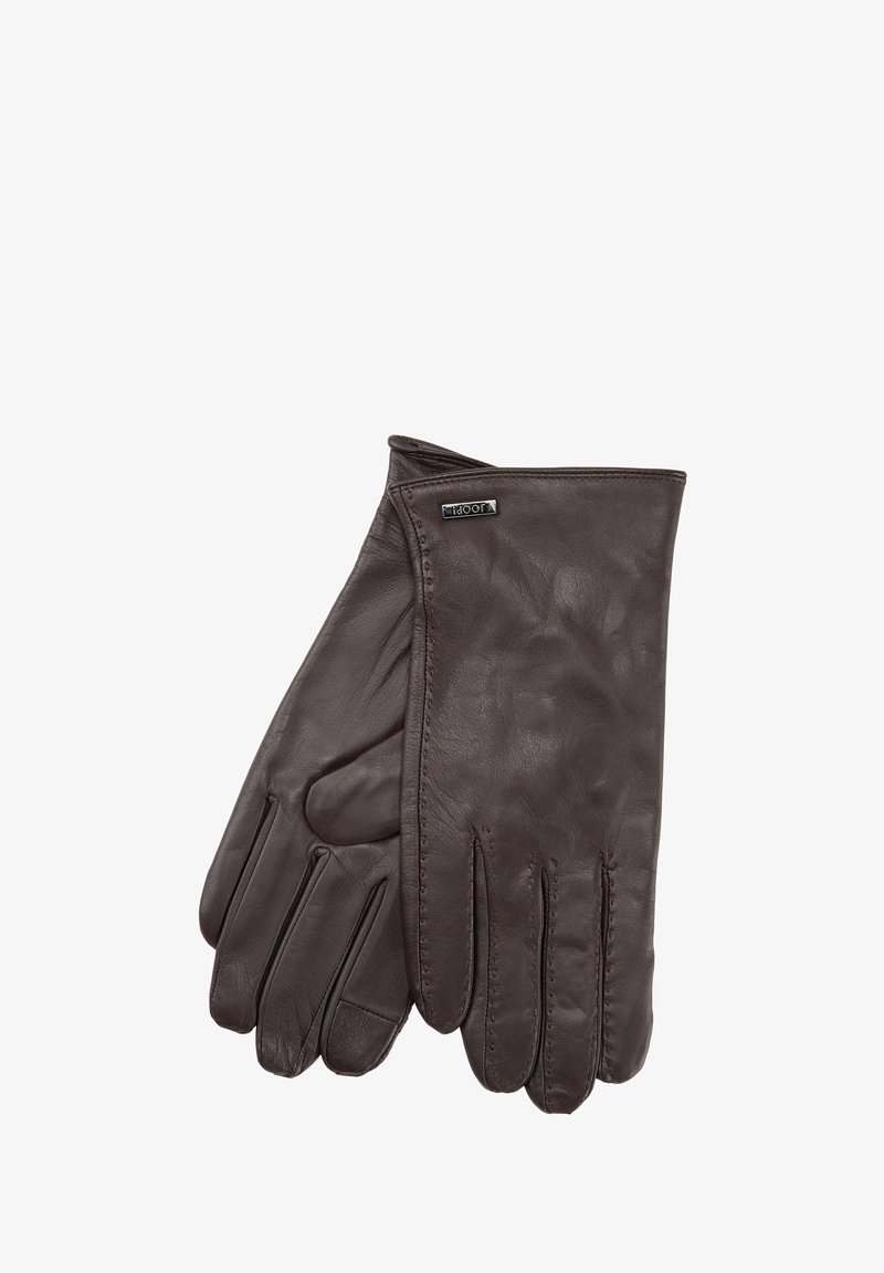 Braune Lederhandschuhe mit glatter Textur, Fünf-Finger-Design und kontrastierenden Nähten entlang der Nähte. Logo-Label am Handgelenkbereich.