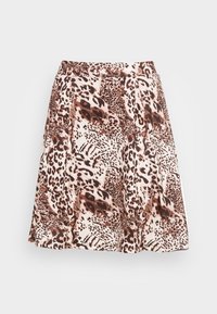 Jupe plissée marron et crème avec un motif imprimé animal mélangé et divers motifs texturés. Tissu léger et fluide.