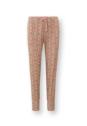 Roze patroonbroek met een bloemenontwerp in rood en groen, voorzien van een elastische tailleband en trekkoord, met taps toelopende broekspijpen.