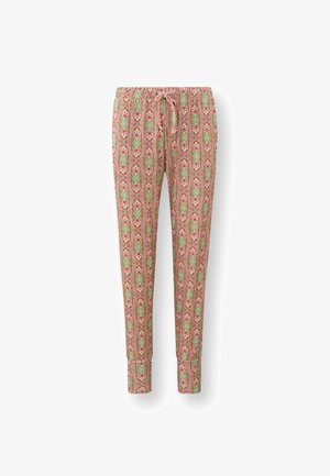 Pink patterned pants with a floral design in red and green, featuring an elastic waistband and drawstring, tapered leg cuffs.