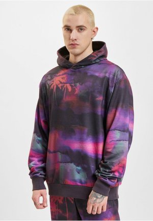 Hooded sweatshirt with a multicolored abstract pattern in purple, pink, and black. Made of soft fabric, features a relaxed fit and ribbed cuffs.