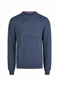 Marineblauer Strickpullover mit Rundhalsausschnitt, strukturiertem Gewebe mit subtilen Farbnuancen in helleren Tönen, gerippten Bündchen und Saum.