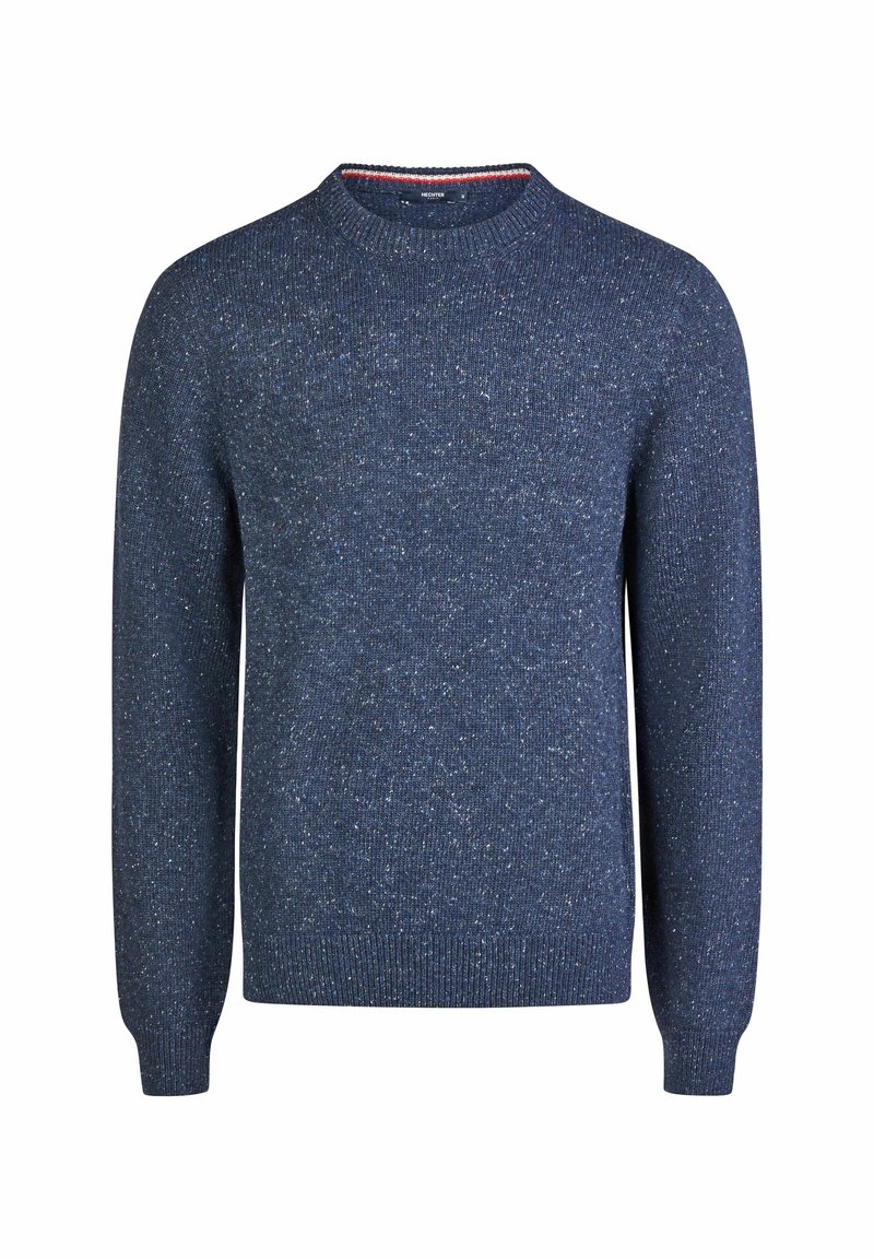 Marineblauer Strickpullover mit Rundhalsausschnitt, strukturiertem Gewebe mit subtilen Farbnuancen in helleren Tönen, gerippten Bündchen und Saum.