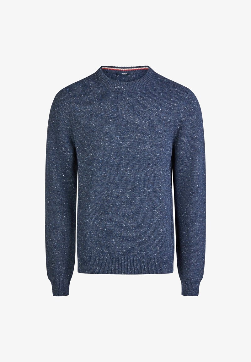 Marineblauw gebreid sweater met een ronde hals, textuurstof met subtiele spikkels van een lichtere kleur, ribgebreide manchetten en onderrand.