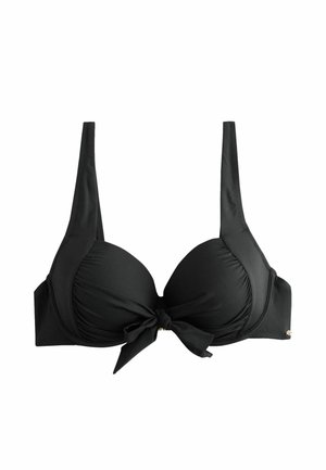 Black padded bikini top with wide straps and a front tie detail, designed for swimwear use.