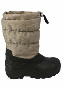 Schwarzer wasserdichter Stiefel mit einem leicht braunen, isolierten Stoff-Oberteil, das über horizontale Nähte und einen Zugkordelverschluss am oberen Rand zur Anpassung verfügt.