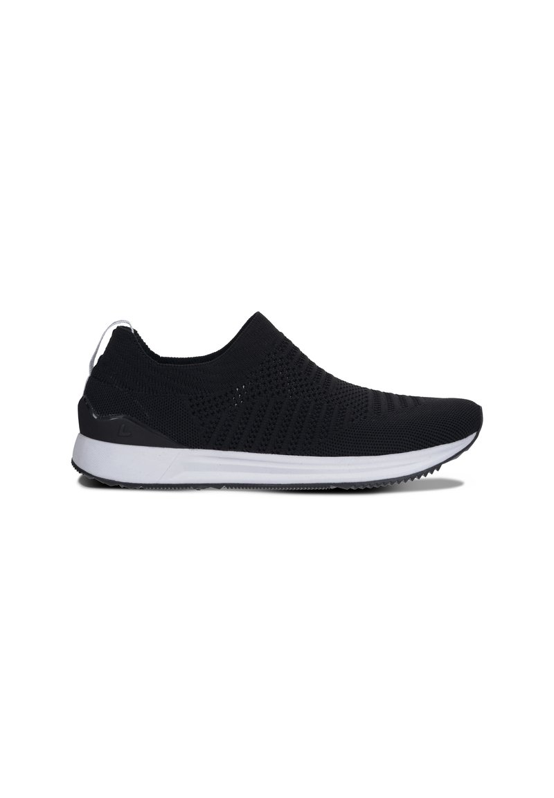 Black slip-on shoes with a textured knit upper, white midsole, and durable rubber outsole. Features minimal design and a pull tab.