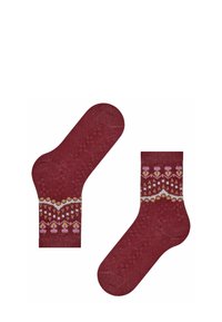 Calze borgogna con una finitura texturizzata, caratterizzate da una fascia decorata di rosa, giallo e bianco nella parte superiore. Design alla caviglia.