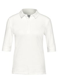 Vit pikétröja med trekvartslånga ärmar, gjord av bomull, med klassisk krage och två knappslutning, slät yta.