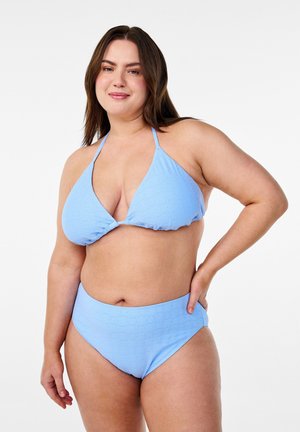Light blue bikini featuring a triangular top with ruffled edges and high-waisted bottoms, made from textured fabric with subtle patterns.