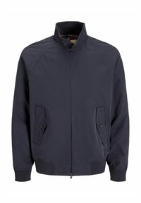 Navy jacket with a high collar, front zip closure, and two side buttoned pockets. Features ribbed cuffs and hem, made from a durable fabric.
