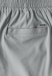 Shorts grigi chiari con vita elastica e una tasca posteriore singola. Presenta un piccolo tag in metallo argentato con il logo CECIL sopra la tasca. Texture morbida.