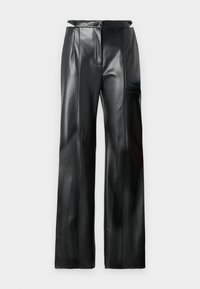 Black leather trousers with a high waist, wide legs, vertical seams, and a smooth texture. Features a zipper fly and belt loops.