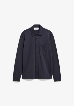 Marineblaue Langarmhemd aus weichem Stoff mit Kragen, Brusttasche und dezenter Logo-Stickerei.