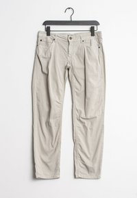Chinos gris clair avec cinq poches, fermeture éclair et boutonnage. Fabriqués en mélange de coton avec une texture lisse et un design à jambe droite.