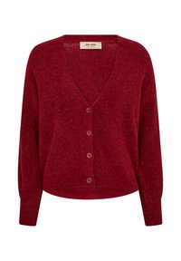 Cardigan tricotat roșu cu decolteu în V, cinci nasturi pe față și mâneci lungi. Textură moale și design ușor scurt.