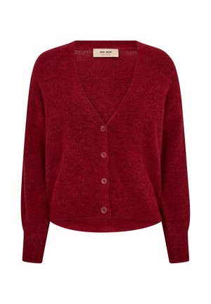 Rode gebreide cardigan met een V-hals, vijf knopen aan de voorkant en lange mouwen. Zachte textuur en een iets verkorte pasvorm.