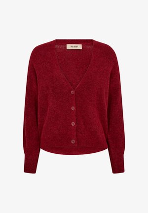 Red knitted cardigan with a v-neckline, five buttons down the front, and long sleeves. Soft texture and slightly cropped design.