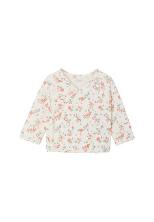 Long-sleeve baby shirt with wrap-around front and all-over small pink and orange floral print on a white background.