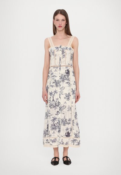 Maxi jurk in crème met een blauwe palmbomenprint, met kant schouderbanden, een aansluitende buste en een knoopsluiting aan de voorkant, gemaakt van lichtgewicht stof.