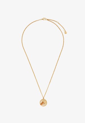 Collier en chaîne dorée avec un pendentif rond présentant une tête de renard détaillée et un petit soleil sur un fond clair.