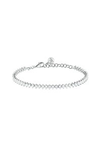 Bracciale in argento con una fila di pietre trasparenti a taglio rotondo impostate in un motivo a zigzag, dotato di chiusura a moschettone e catena regolabile.