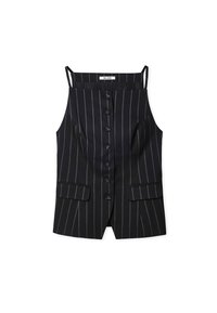 Črno prugasto brezrokavno srajčnik s tankimi naramnicami in žepi z zavihkom spredaj.