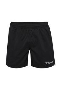 Svarta atletiska shorts med elastisk midja, tillverkade av lätt material, med en liten vit logotyp på nedersta högra sidan.