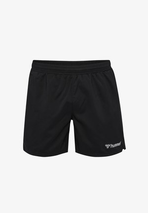 Schwarze Sportshorts mit einem elastischen Bund, aus leichtem Material, mit einem kleinen weißen Logo auf der unteren rechten Seite.