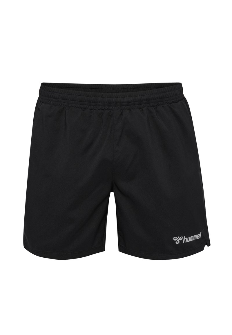 Svarta atletiska shorts med elastisk midja, tillverkade av lätt material, med en liten vit logotyp på nedersta högra sidan.