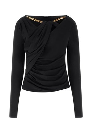 Haut noir à manches longues avec plis asymétriques drapés et un détail de chaîne dorée le long du large décolleté.