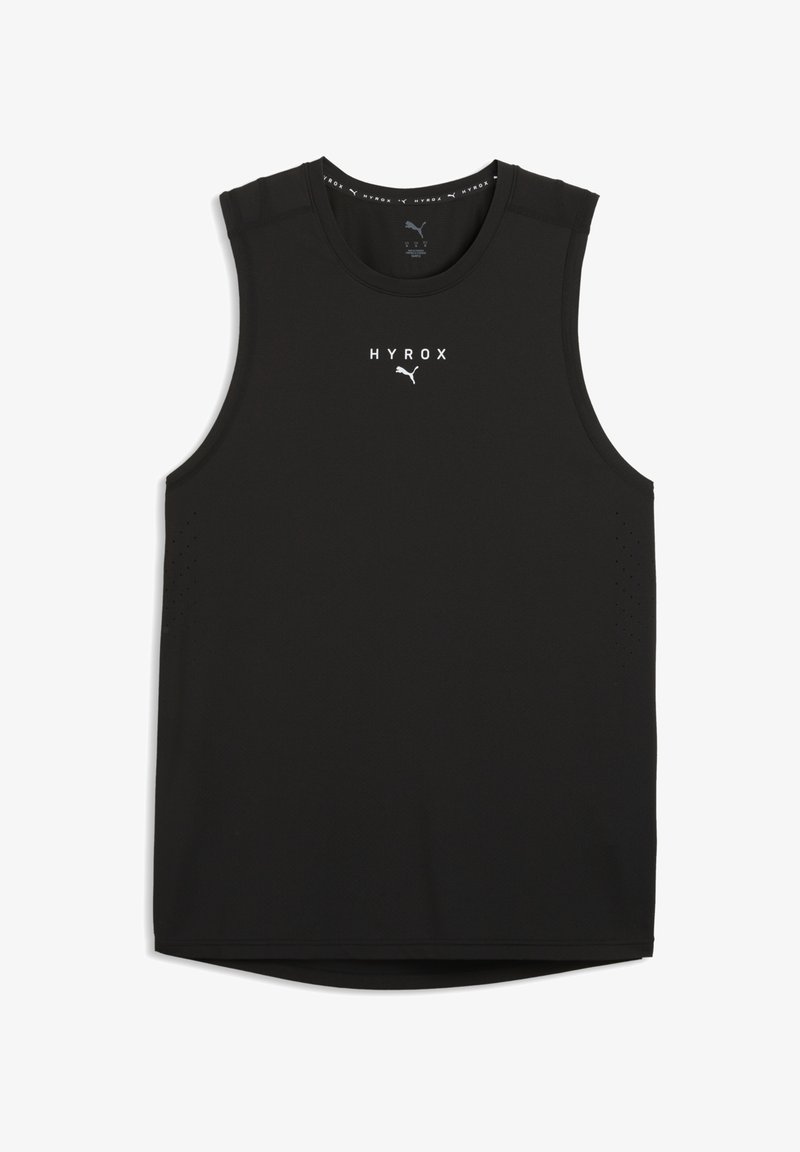 Μαύρο αθλητικό αμάνικο μπλουζάκι με λευκά λογότυπα "HYROX" και Puma στο κέντρο του στήθους, με διάτρητες πλευρικές επιφάνειες για αερισμό.