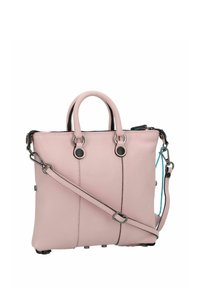 Borsa in pelle rosa con due manici superiori, tracolla regolabile, dettagli neri e superficie testurizzata. Presenta accessori in argento e chiusura con zip.