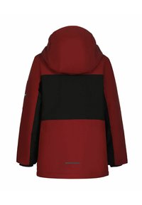 Rote und schwarze Winterjacke mit Kapuze und langen Ärmeln, von hinten vor einem weißen Hintergrund dargestellt.
